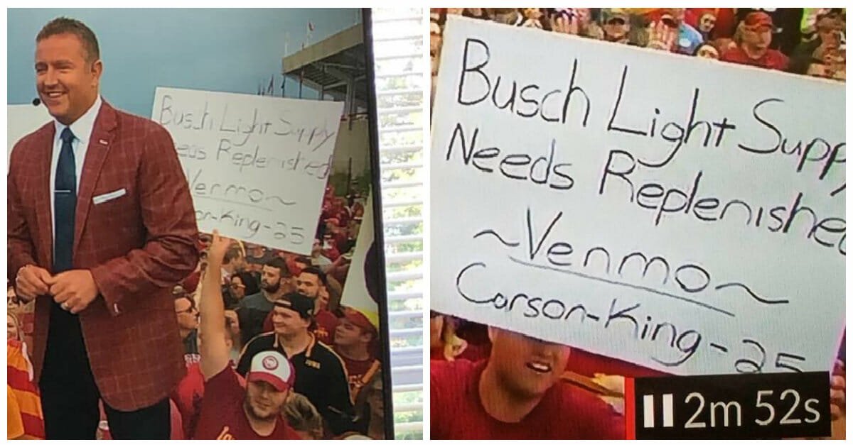 Football fan's sign asking for beer money turns into huge fundraiser for children's hospital